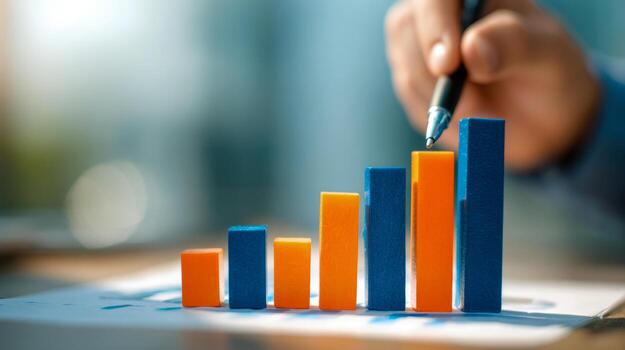 Hand holding pen pointing at rising colorful bar chart on desk symbolizing business growth and financial progress analysis in modern office setting photo