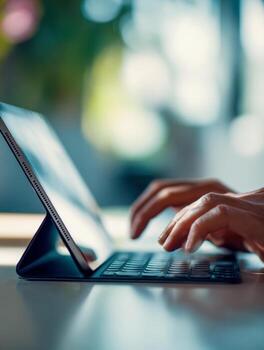 Hands typing on a tablet with a keyboard case in a bright, softly lit indoor setting capturing focused digital work or study atmosphere photo