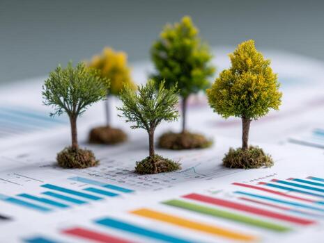 Tiny model trees arranged on business charts and graphs symbolizing growth, sustainability, and environmental impact in financial planning and analysis photo