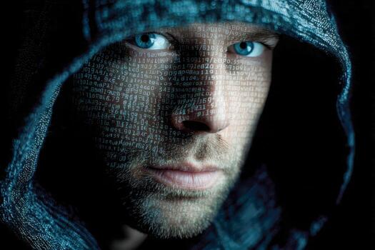 hombre vistiendo oscuro capucha con intenso azul ojos y digital código cubrir simbolizando ciber seguridad, hackear, y digital identidad proteccion conceptos foto