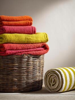 Brightly colored towels stacked in a rustic wicker basket and a rolled striped towel placed on a wooden surface with soft natural lighting in the background photo