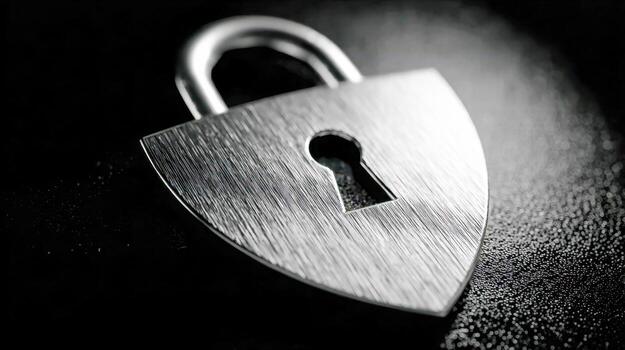 Silver metal heart-shaped padlock with keyhole on textured black surface symbolizing security and protection concepts with soft focused background lighting photo