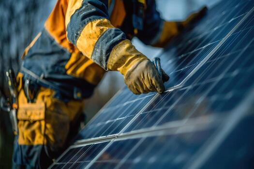 Worker installing solar panels on a sunny day, close-up of hands and equipment photo