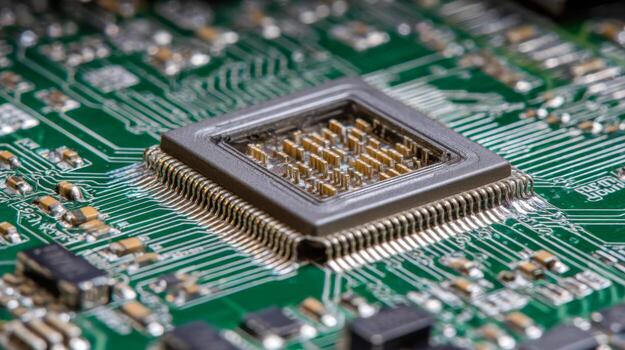 Detailed view of a high-tech microchip integrated into a green printed circuit board showcasing intricate electronic connections and components photo