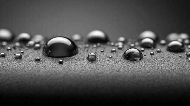Close-up view of glossy water droplets on a textured black surface creating a reflective and smooth appearance with a shallow depth of field effect photo