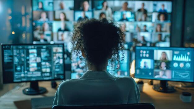 Woman monitoring multiple digital screens with virtual participants and data analytics during a remote conference in a modern office environment photo