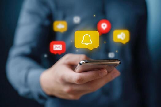 Person using smartphone with notification icons floating around photo
