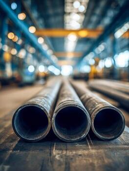 Industrial steel pipes lined up inside a spacious modern factory with blurred background lighting and blue structural framework creating depth and focus photo