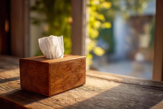 Wooden tissue box with a single tissue pulled out resting on a sunlit rustic wooden table near a window with blurred greenery in the background creating a warm cozy atmosphere photo