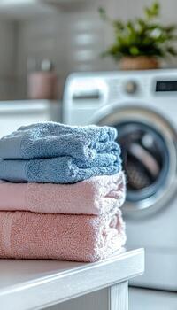 Neatly folded towels stacked in laundry room with washing machine and potted plant in background photo