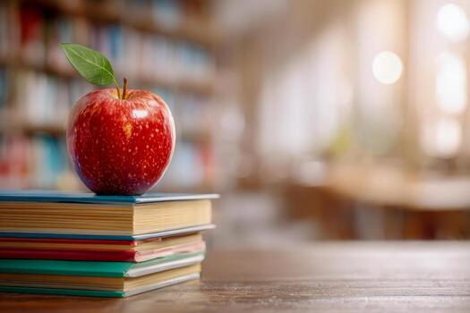 brillante brillante rojo manzana con un Fresco verde hoja sentado en un apilar de vistoso libros en un calurosamente iluminado biblioteca o salón de clases ajuste foto
