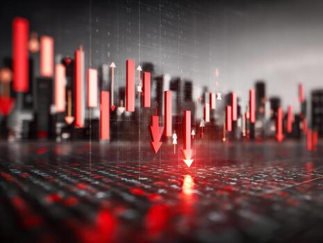 Digital stock market decline represented by downward trending red candlestick charts and arrows indicating a sharp decrease in financial data analysis photo