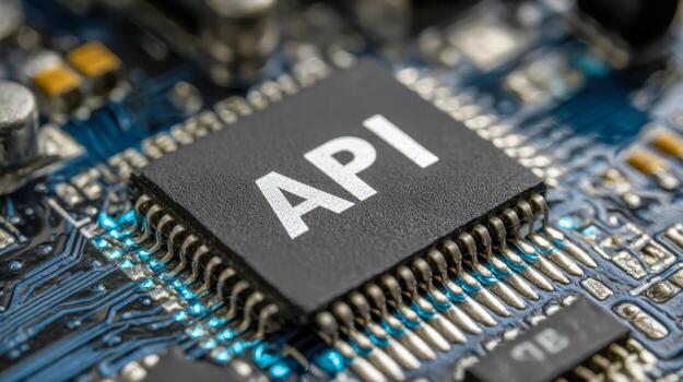 High-tech microchip with api inscription on an intricate printed circuit board illustrating advanced technology and electronic connectivity concepts photo