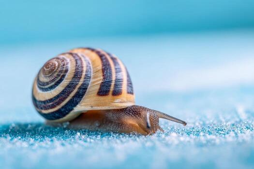 de cerca de un caracol con un estampado cáscara en un arenoso superficie foto