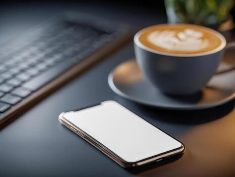Smartphone with blank screen lying on a modern desk next to a keyboard and a cup of hot latte with latte art in a cozy work environment photo