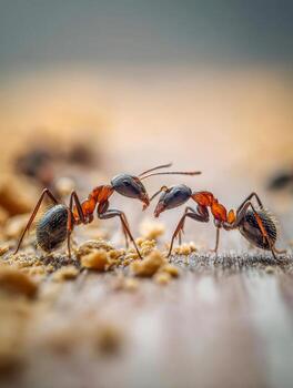 Close-up macro shot of two red ants interacting on a wooden surface surrounded by scattered crumbs in natural soft light with blurred background effect photo
