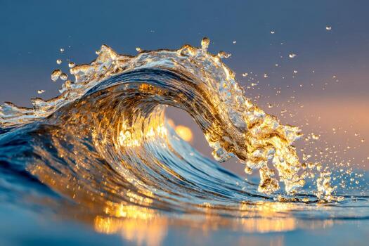 Golden sunlight reflecting on a dynamic ocean wave curling and splashing in calm waters during a serene sunset with a soft gradient sky background photo