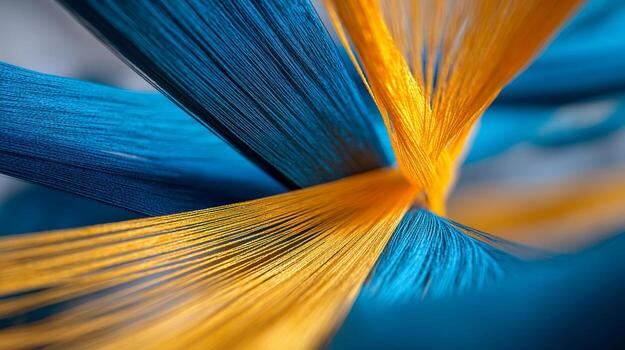 Intricate vibrant blue and yellow threads intertwined creating a dynamic textured pattern with sharp focus illustrating textile artistry and design creativity photo