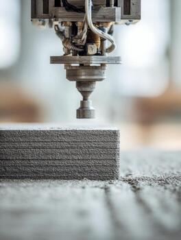 Automated industrial equipment precisely fabricating textured construction material layers through advanced additive manufacturing technology in a modern workshop environ photo