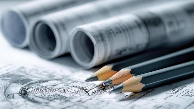 de cerca de afilado grafito lapices metido en detallado arquitectónico planos con enrollada técnico dibujos en el antecedentes para diseño planificación foto