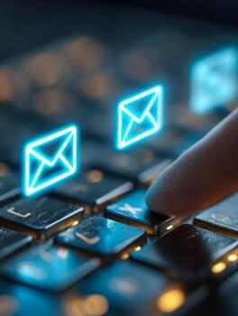 Digital concept of sending email messages on a keyboard with illuminated icons photo