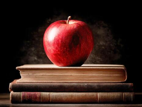 A shiny red apple resting on a stack of old vintage hardcover books against a dark background symbolizing knowledge and learning concepts photo
