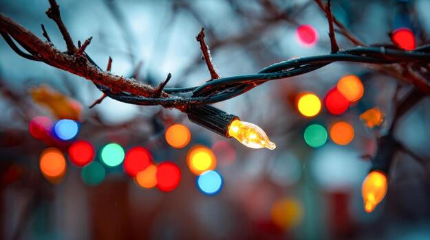 Close-up of glowing colorful string lights wrapped around bare tree branches creating a festive and warm atmosphere during twilight in a blurred background setting photo