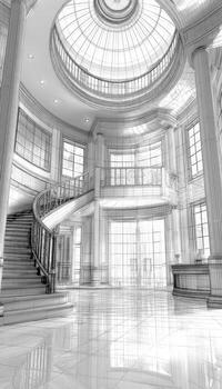 3d rendering of a large lobby with a circular staircase photo