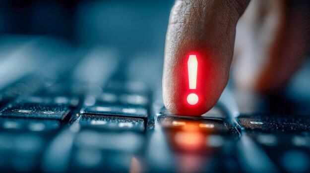 Person pressing a key with a warning exclamation mark illuminated on a keyboard photo