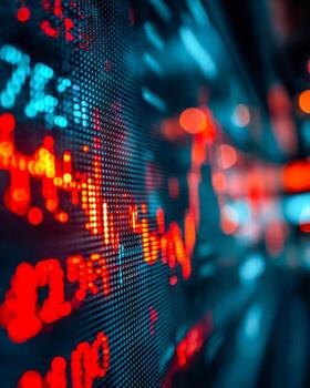 Close-up of digital stock market display with red and blue data points and graphs photo