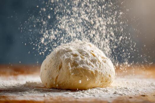 Fresh dough being dusted with flour on a wooden surface with flour particles falling and creating a rustic baking scene in natural lighting photo