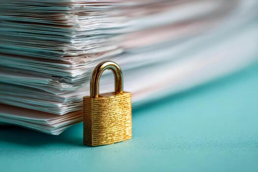 Stack of paperwork secured by golden padlock symbolizing data protection, document confidentiality, and secure information management on turquoise surface photo