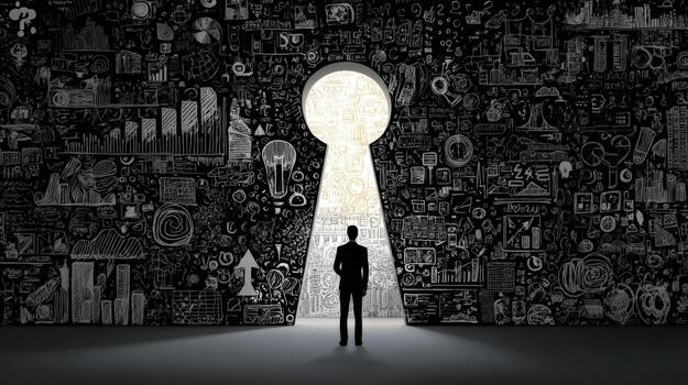 A man standing in front of a keyhole with a lot of doodles on it photo