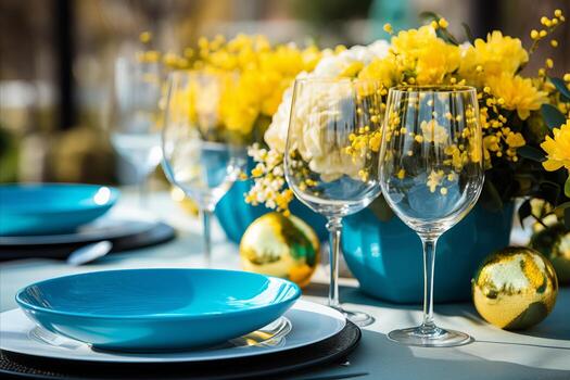 Easter celebration. cheerful table setting with cake, eggs, linen cloth, and spring flowers photo