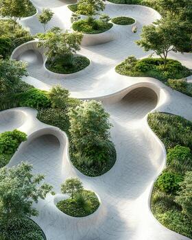 Modern green landscape design with curved concrete pathways and lush trees and plants photo