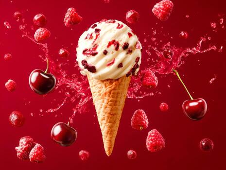 Vanilla ice cream cone with berry pieces surrounded by splashing juice and fresh red cherries and raspberries floating on vibrant red background photo
