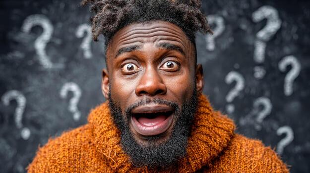 Surprised man with wide eyes and open mouth, questioning with question marks on chalkboard background photo