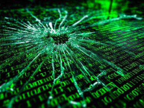 Digital data breach with shattered screen and cascading binary code photo