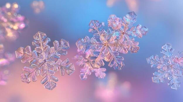 Macro photograph capturing the intricate hexagonal patterns of delicate snowflakes with soft pastel hues of pink and blue creating a dreamy winter atmosphere photo