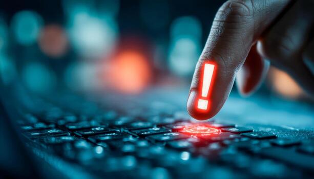 Finger pressing a keyboard key with a warning exclamation mark alert symbol illuminated on a computer screen photo