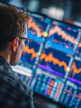 Man wearing glasses analyzing complex financial data and fluctuating stock market graphs on multiple computer screens in a dimly lit office environment photo