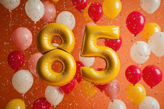 Balloons and confetti are flying in the air around the number 85 photo