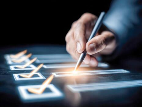 Person using a stylus to mark completed checkboxes on a virtual digital interface symbolizing goal tracking and task management in a high-tech environment photo