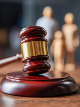 Close-up view of a judge's gavel resting on a sounding block in a legal setting, symbolizing justice and courtroom authority with blurred courtroom figures in the background photo