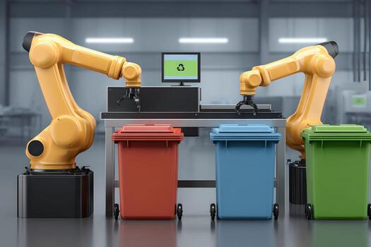Robots are working on a computer and trash cans photo