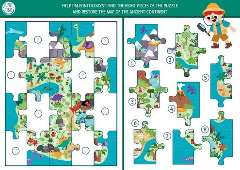 Dinosaur matching activity with prehistoric continent map shaped as jigsaw puzzle. Dino land game, printable worksheet with animals. Dino land match up page. Find missing parts of the picture vector