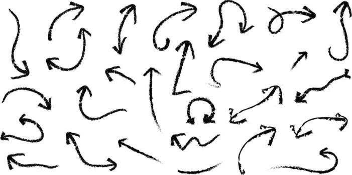 Collection of sketchy hand drawn arrows pointing in multiple creative directions vector