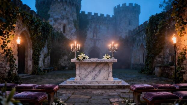 un tranquilo ceremonia conjunto en un histórico patio de un brumoso Roca castillo, iluminado por parpadeando velas y luz de antorcha. foto