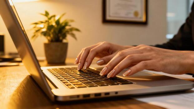 A person's hands type on a laptop keyboard in a well-lit home office setting. Warm lighting and soft focus highlight the hands and laptop. photo