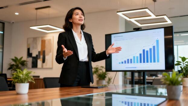 A business woman stands in front of a large screen, presenting data, highlighting business growth. photo